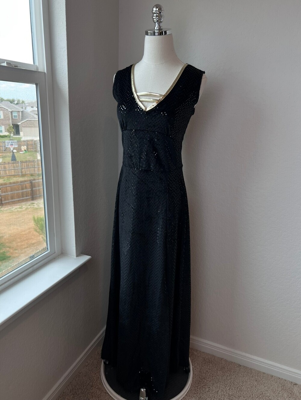 Spirit Halloween Womens Black Maxi Dress Slits Gold Sequins Halloween Costume M